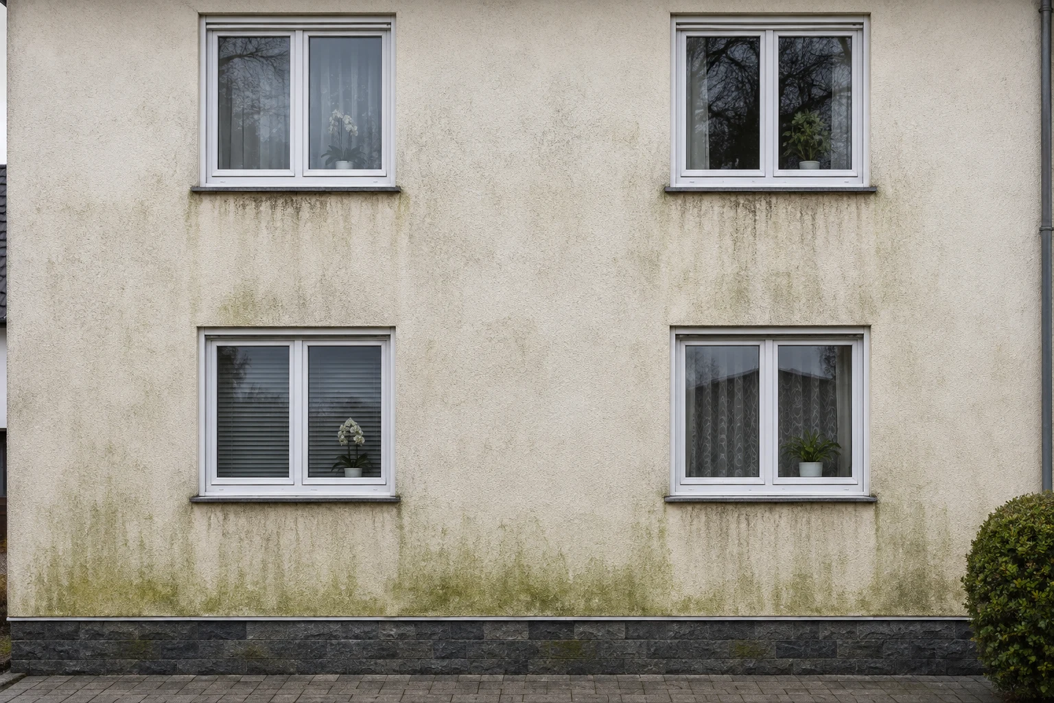 KI-Beispiel: Hausfassade mit dunklen Schmutzspuren und grünen Belägen