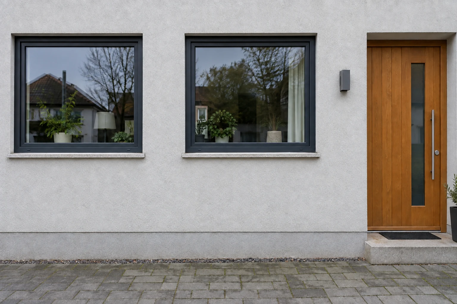 Zweites KI-Beispiel: graue Putzfassade mit dunklen Fensterrahmen nach einer dargestellten Reinigung