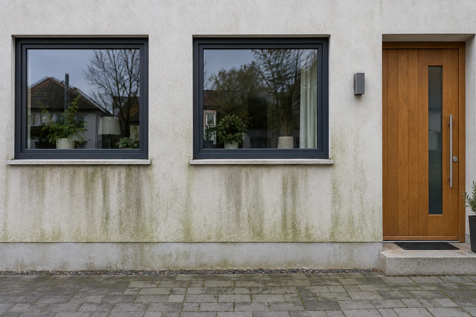 Zweites KI-Beispiel: graue Putzfassade mit dunklen Fensterrahmen mit dunklen Ablaufspuren und grünen Belägen